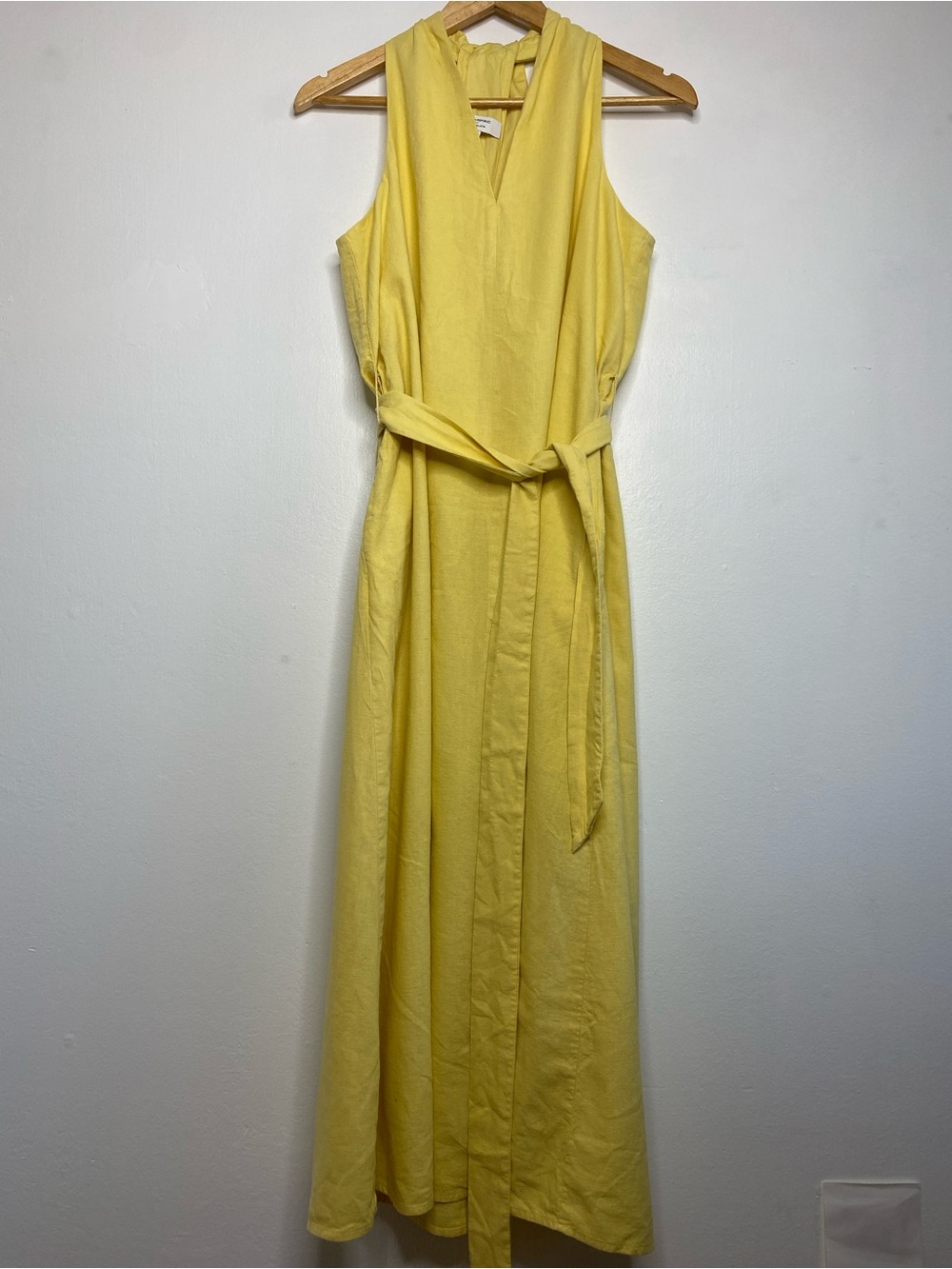 Linen-Blend Twist-Back Midi Dress Size M Pastel yellow Resort Vaca - Picture 2 of 11